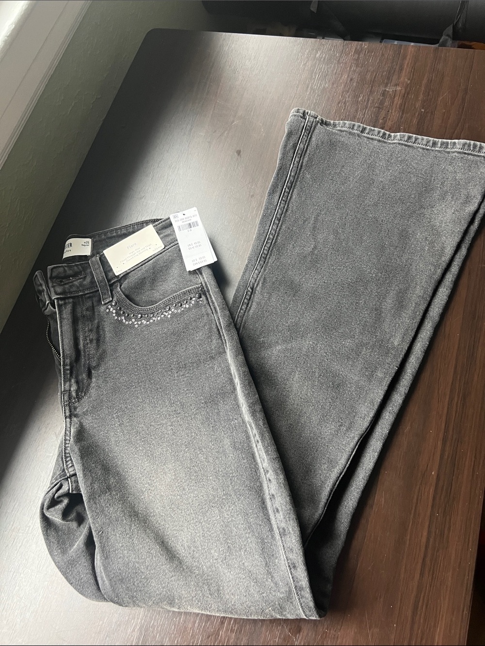 NWT Hollister Women's Black / Gray Washed Flare Jeans with Rhinestone Pocket